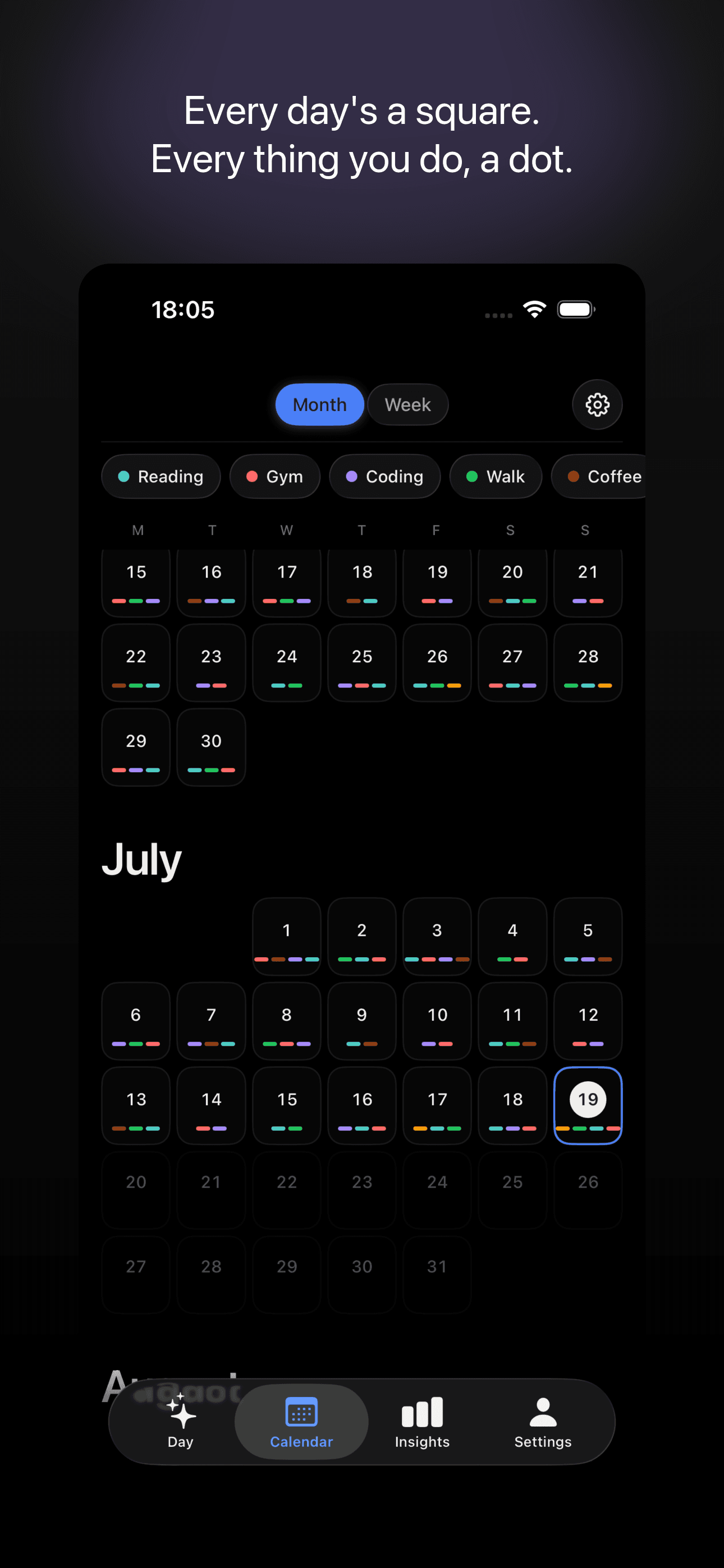 Dots calendar screen: a year of days, each one a square filled with coloured dots