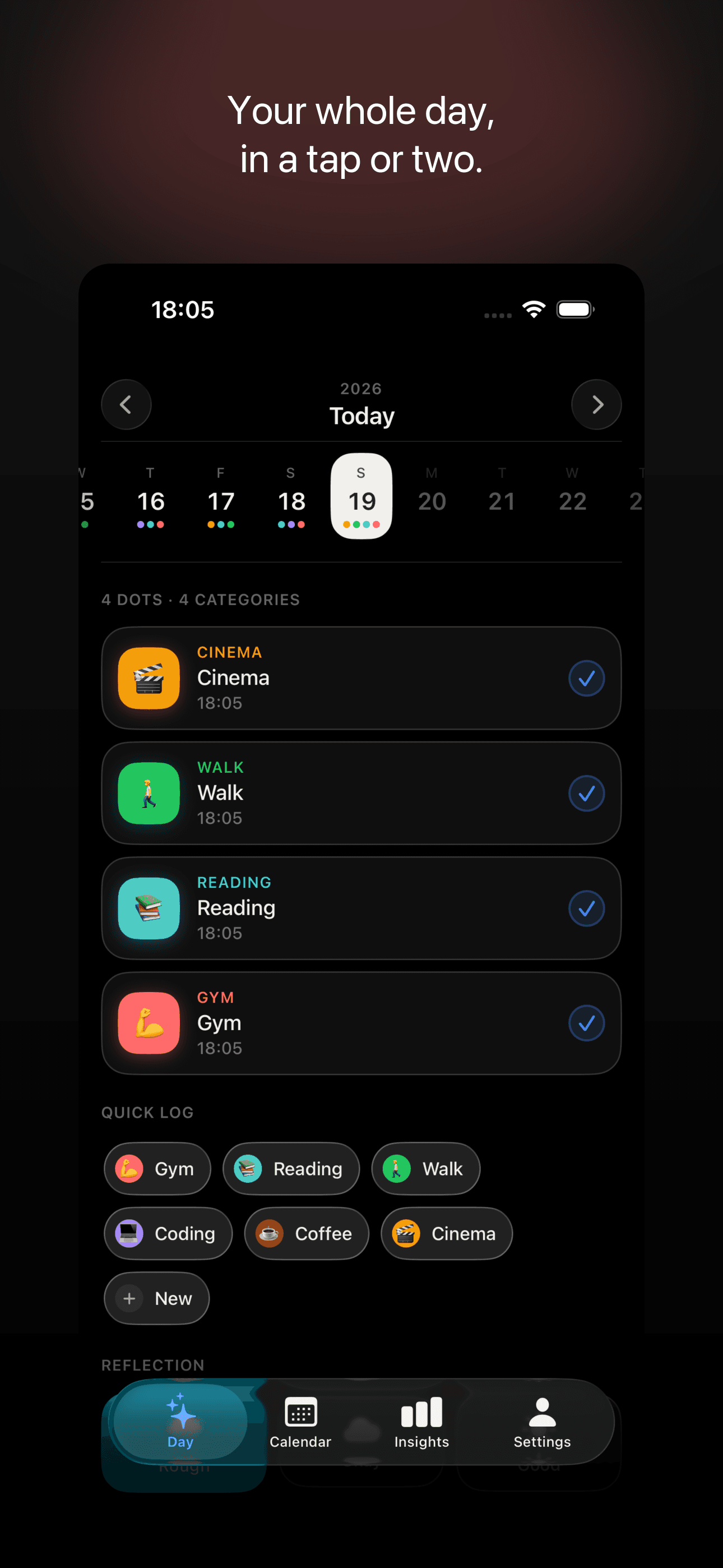 A single day in Dots, showing logged actions and an optional note